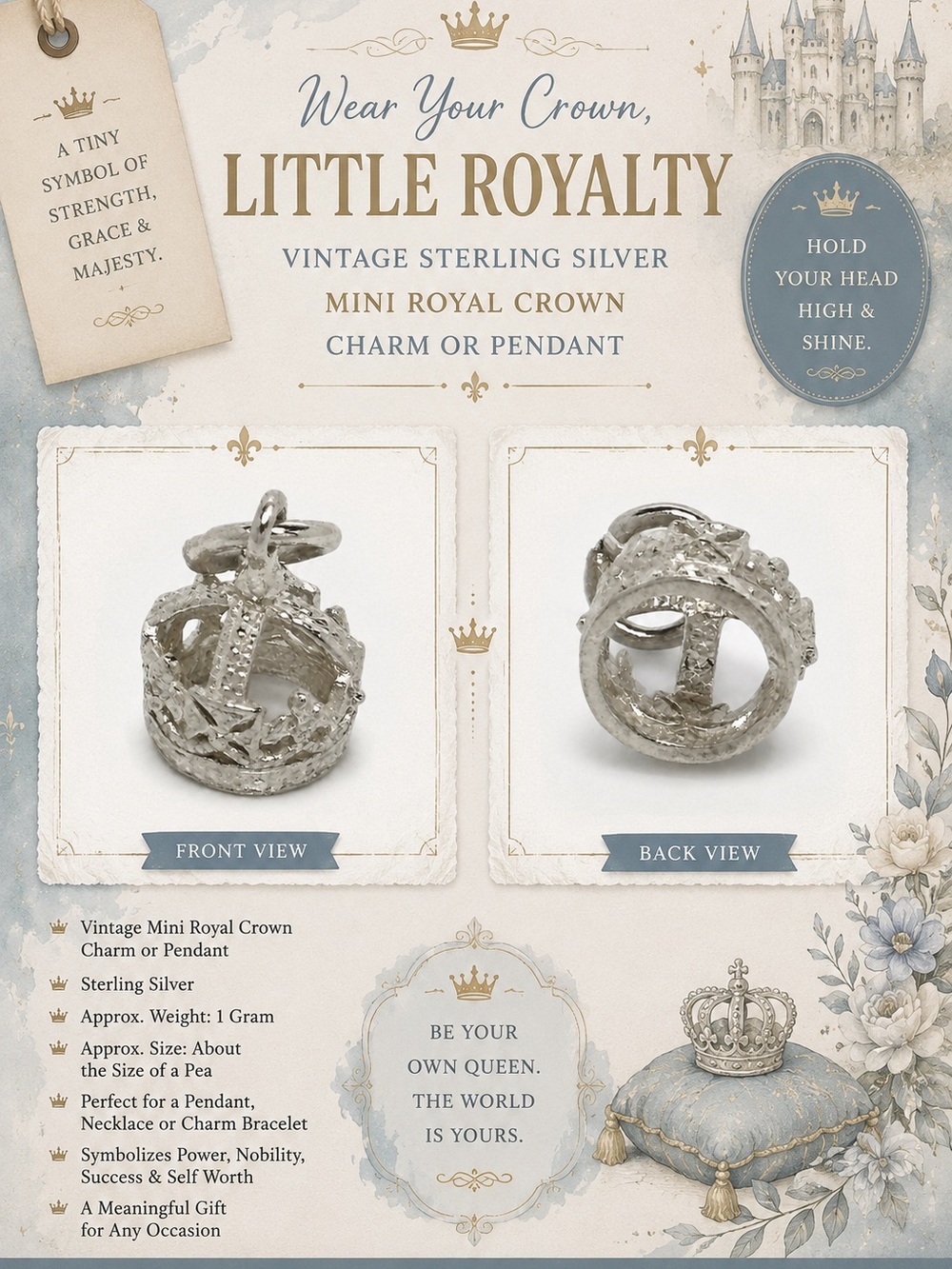 Little Royalty Vintage Sterling Silver Mini Crown Charm - Silver